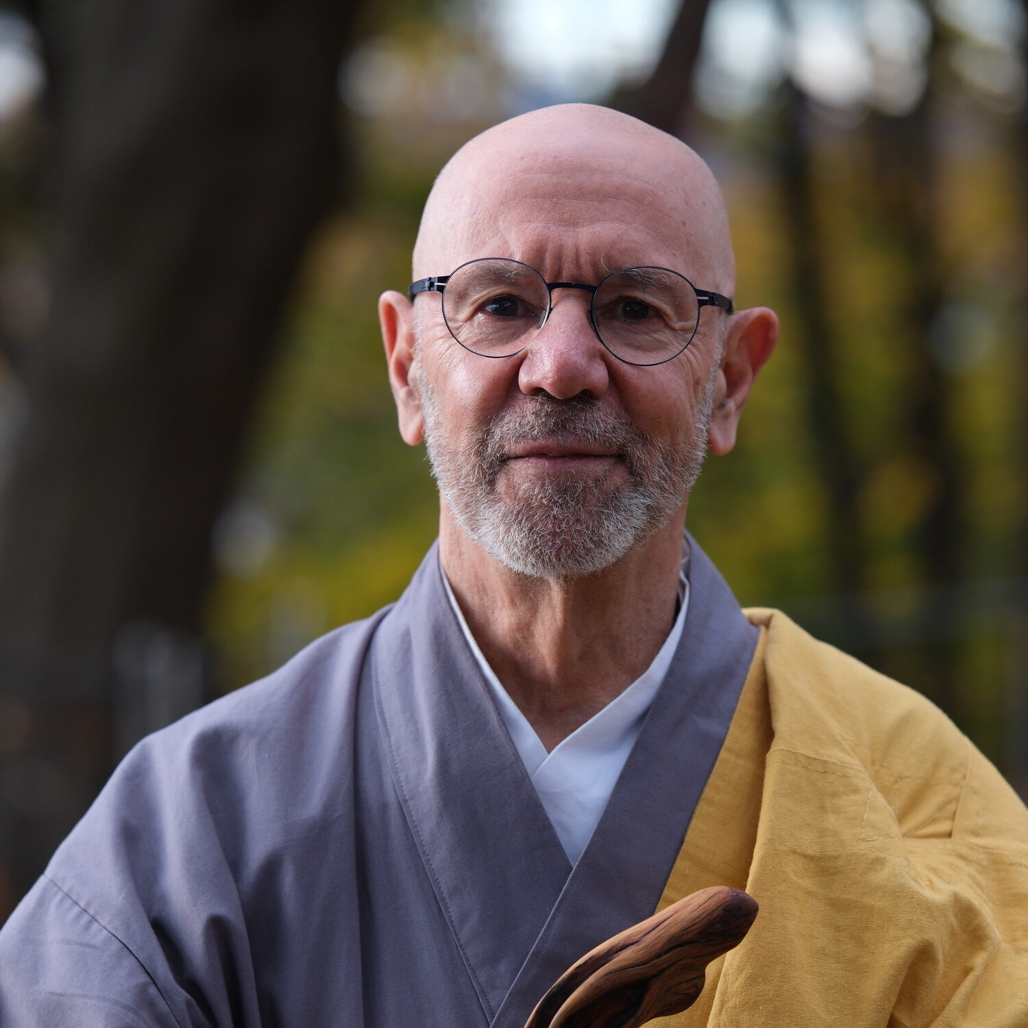 An older man with a bald head, glasses, and a gray beard wears traditional monk robes in gray and yellow, standing outdoors with blurred trees in the background, embodying the calm wisdom of Infinite Circle Zen.