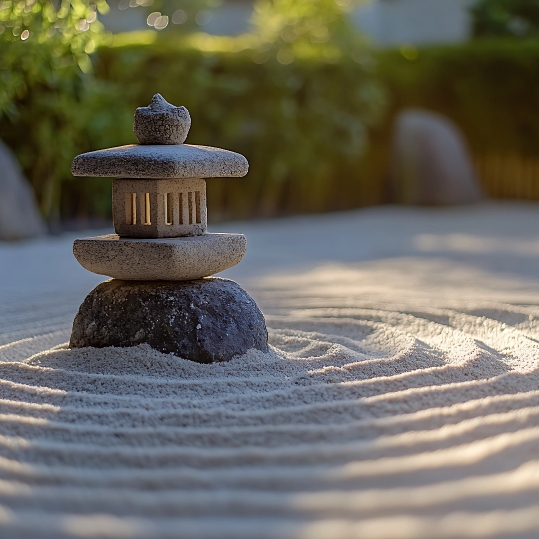 A small stone lantern stands on a rock in a zen garden, surrounded by raked sand forming an infinite circle zen pattern. Lush green plants blur in the background as sunlight gently illuminates the serene scene.