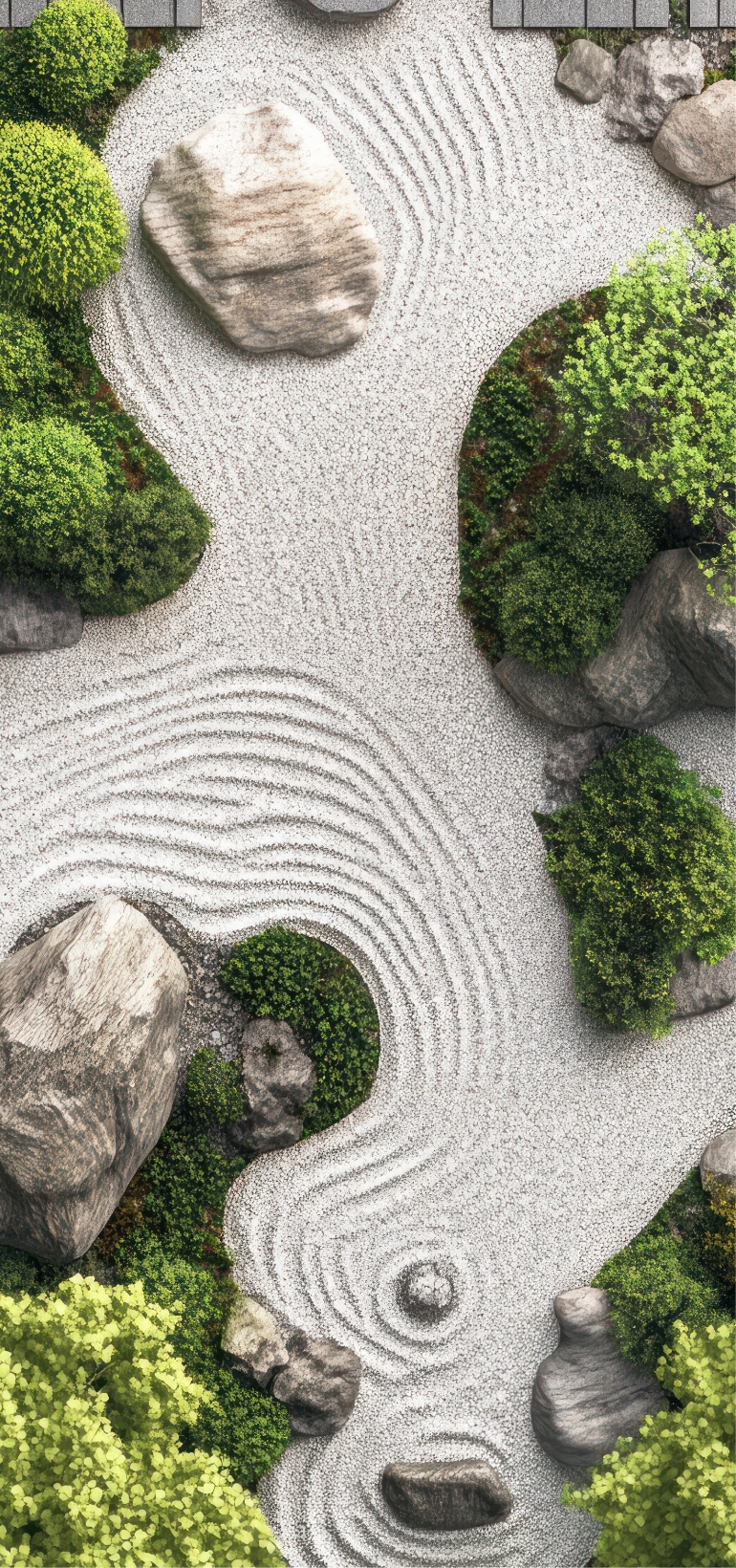 A Japanese Zen garden with raked white gravel patterns, large rocks, and green bushes, viewed from above. The gravel forms curved and Infinite Circle Zen lines around the stones, evoking calm and contemplation.
